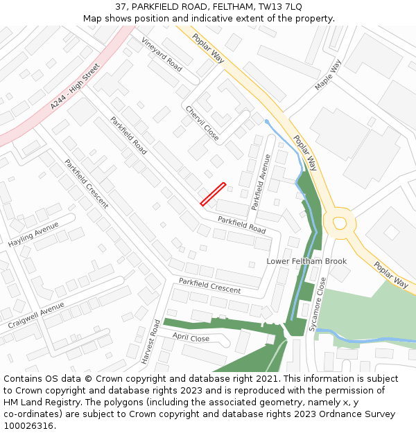 37, PARKFIELD ROAD, FELTHAM, TW13 7LQ: Location map and indicative extent of plot