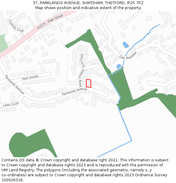 37, PARKLANDS AVENUE, SHIPDHAM, THETFORD, IP25 7PZ: Location map and indicative extent of plot