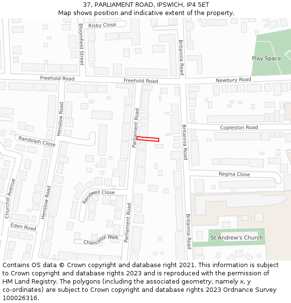 37, PARLIAMENT ROAD, IPSWICH, IP4 5ET: Location map and indicative extent of plot