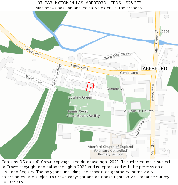 37, PARLINGTON VILLAS, ABERFORD, LEEDS, LS25 3EP: Location map and indicative extent of plot