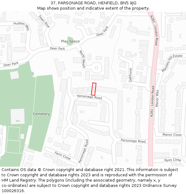 37, PARSONAGE ROAD, HENFIELD, BN5 9JG: Location map and indicative extent of plot