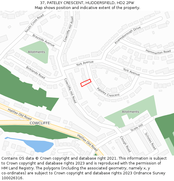 37, PATELEY CRESCENT, HUDDERSFIELD, HD2 2PW: Location map and indicative extent of plot