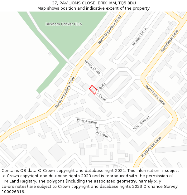 37, PAVILIONS CLOSE, BRIXHAM, TQ5 8BU: Location map and indicative extent of plot