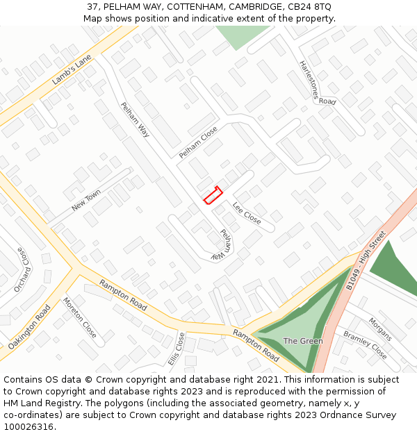 37, PELHAM WAY, COTTENHAM, CAMBRIDGE, CB24 8TQ: Location map and indicative extent of plot