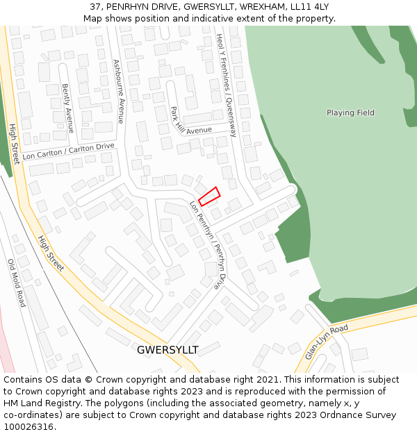 37, PENRHYN DRIVE, GWERSYLLT, WREXHAM, LL11 4LY: Location map and indicative extent of plot