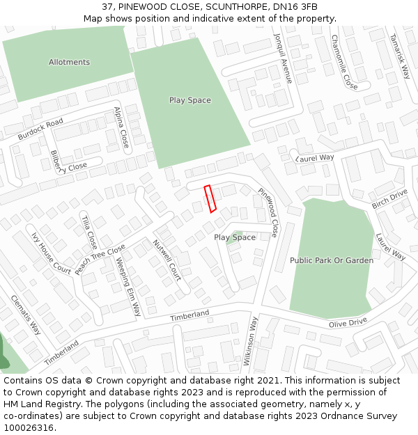 37, PINEWOOD CLOSE, SCUNTHORPE, DN16 3FB: Location map and indicative extent of plot