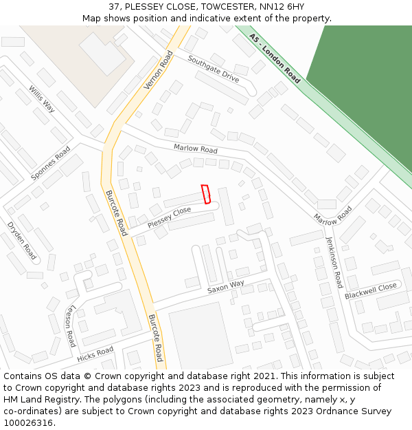 37, PLESSEY CLOSE, TOWCESTER, NN12 6HY: Location map and indicative extent of plot