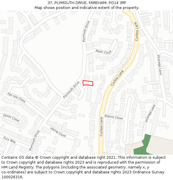 37, PLYMOUTH DRIVE, FAREHAM, PO14 3RF: Location map and indicative extent of plot