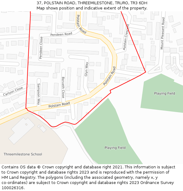 37, POLSTAIN ROAD, THREEMILESTONE, TRURO, TR3 6DH: Location map and indicative extent of plot