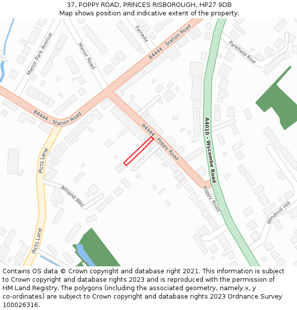 37, POPPY ROAD, PRINCES RISBOROUGH, HP27 9DB: Location map and indicative extent of plot