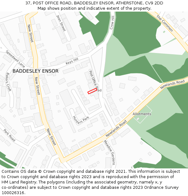 37, POST OFFICE ROAD, BADDESLEY ENSOR, ATHERSTONE, CV9 2DD: Location map and indicative extent of plot