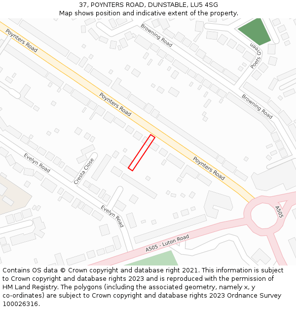 37, POYNTERS ROAD, DUNSTABLE, LU5 4SG: Location map and indicative extent of plot