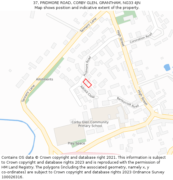 37, PRIDMORE ROAD, CORBY GLEN, GRANTHAM, NG33 4JN: Location map and indicative extent of plot