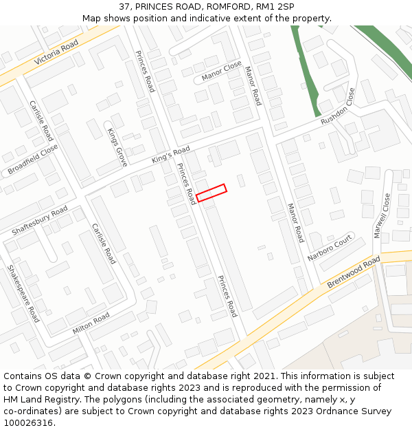 37, PRINCES ROAD, ROMFORD, RM1 2SP: Location map and indicative extent of plot