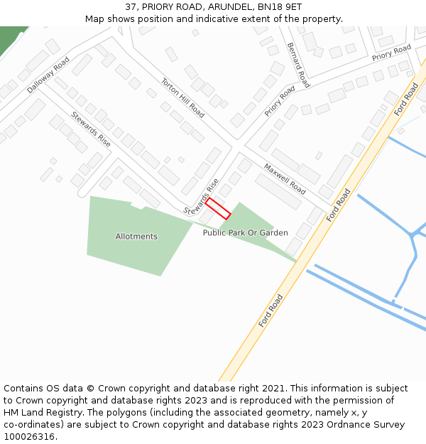 37, PRIORY ROAD, ARUNDEL, BN18 9ET: Location map and indicative extent of plot