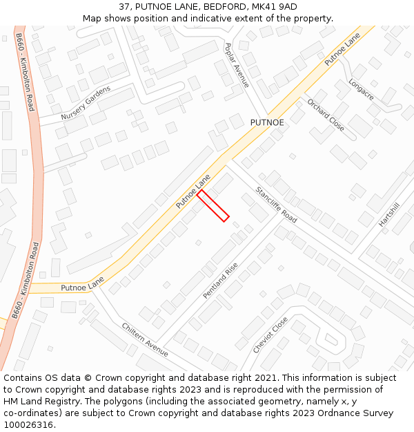 37, PUTNOE LANE, BEDFORD, MK41 9AD: Location map and indicative extent of plot