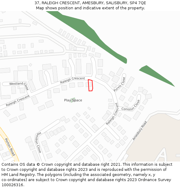 37, RALEIGH CRESCENT, AMESBURY, SALISBURY, SP4 7QE: Location map and indicative extent of plot