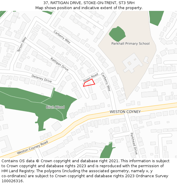 37, RATTIGAN DRIVE, STOKE-ON-TRENT, ST3 5RH: Location map and indicative extent of plot