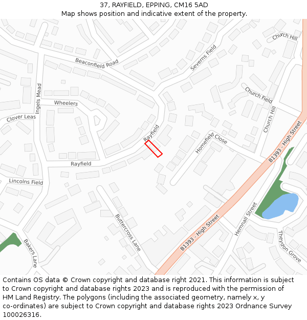 37, RAYFIELD, EPPING, CM16 5AD: Location map and indicative extent of plot