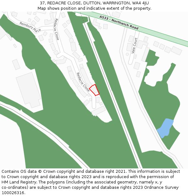 37, REDACRE CLOSE, DUTTON, WARRINGTON, WA4 4JU: Location map and indicative extent of plot