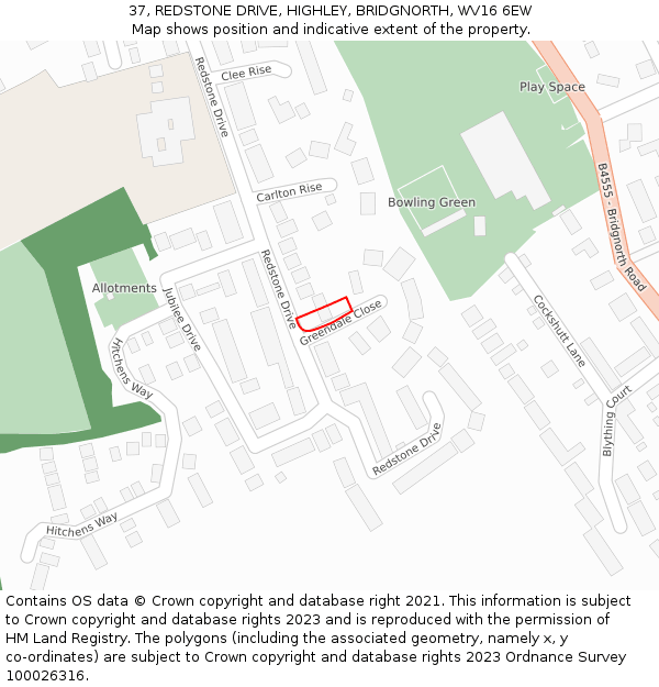 37, REDSTONE DRIVE, HIGHLEY, BRIDGNORTH, WV16 6EW: Location map and indicative extent of plot