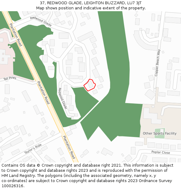 37, REDWOOD GLADE, LEIGHTON BUZZARD, LU7 3JT: Location map and indicative extent of plot