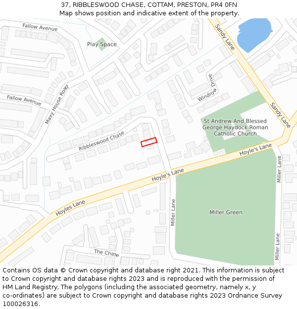 37, RIBBLESWOOD CHASE, COTTAM, PRESTON, PR4 0FN: Location map and indicative extent of plot