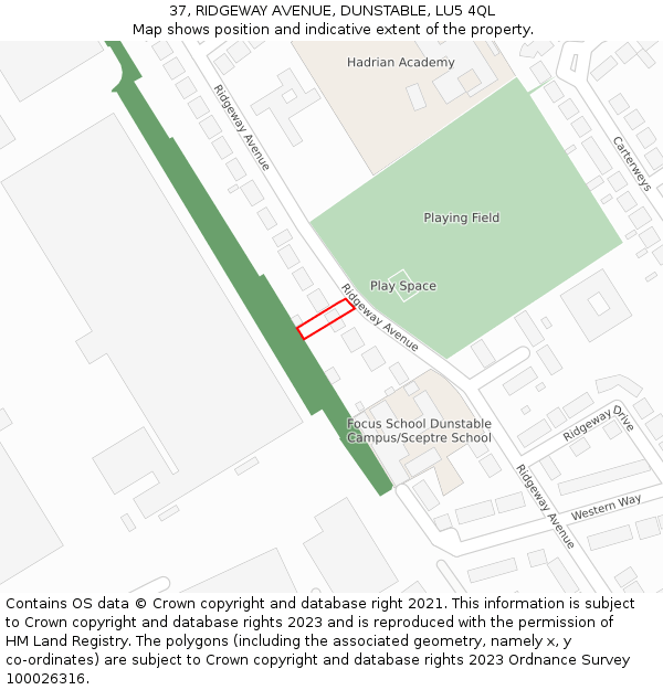 37, RIDGEWAY AVENUE, DUNSTABLE, LU5 4QL: Location map and indicative extent of plot