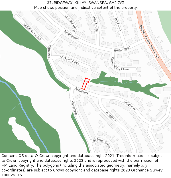 37, RIDGEWAY, KILLAY, SWANSEA, SA2 7AT: Location map and indicative extent of plot