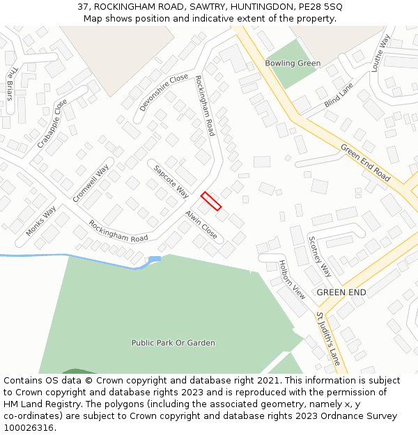 37, ROCKINGHAM ROAD, SAWTRY, HUNTINGDON, PE28 5SQ: Location map and indicative extent of plot