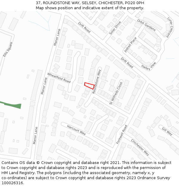 37, ROUNDSTONE WAY, SELSEY, CHICHESTER, PO20 0PH: Location map and indicative extent of plot