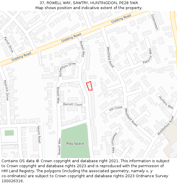 37, ROWELL WAY, SAWTRY, HUNTINGDON, PE28 5WA: Location map and indicative extent of plot