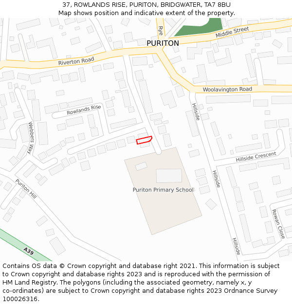 37, ROWLANDS RISE, PURITON, BRIDGWATER, TA7 8BU: Location map and indicative extent of plot