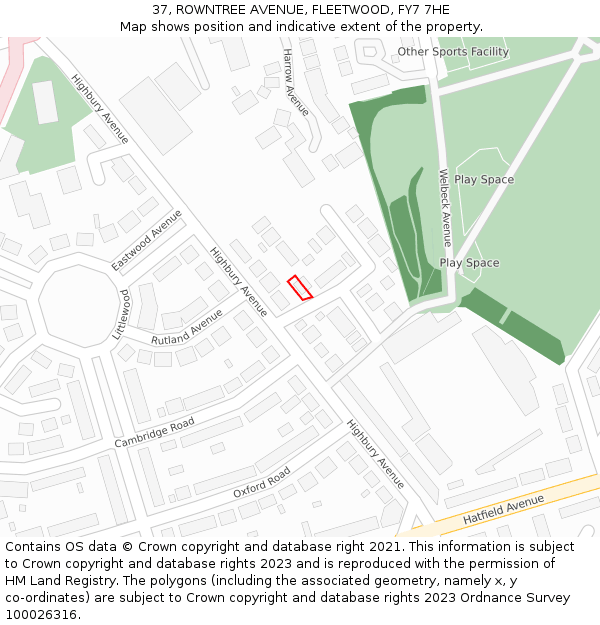 37, ROWNTREE AVENUE, FLEETWOOD, FY7 7HE: Location map and indicative extent of plot