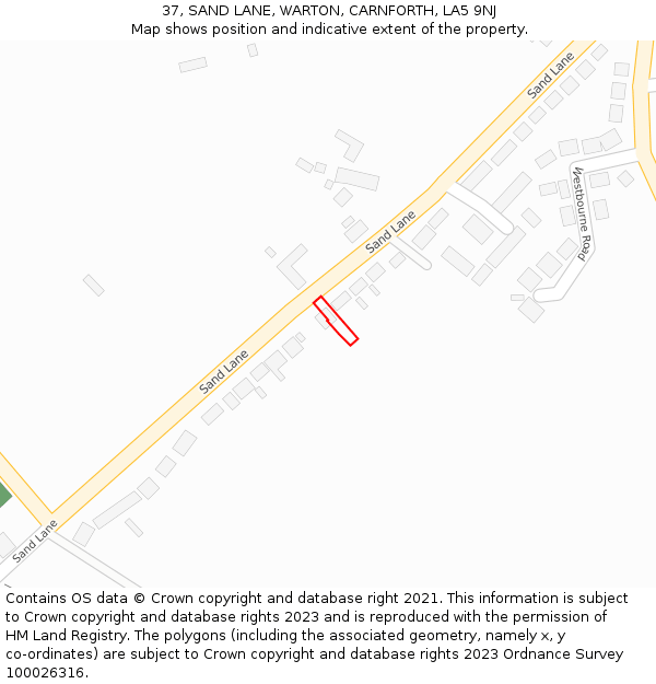 37, SAND LANE, WARTON, CARNFORTH, LA5 9NJ: Location map and indicative extent of plot