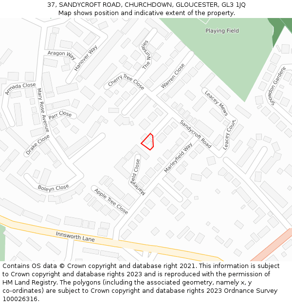 37, SANDYCROFT ROAD, CHURCHDOWN, GLOUCESTER, GL3 1JQ: Location map and indicative extent of plot