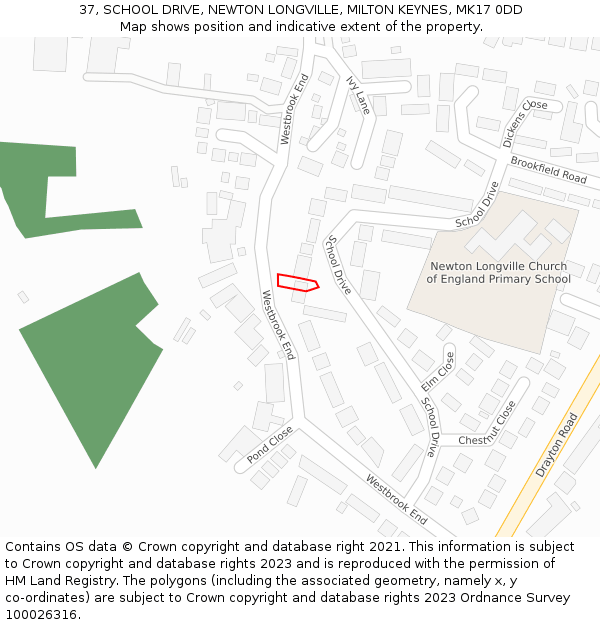 37, SCHOOL DRIVE, NEWTON LONGVILLE, MILTON KEYNES, MK17 0DD: Location map and indicative extent of plot