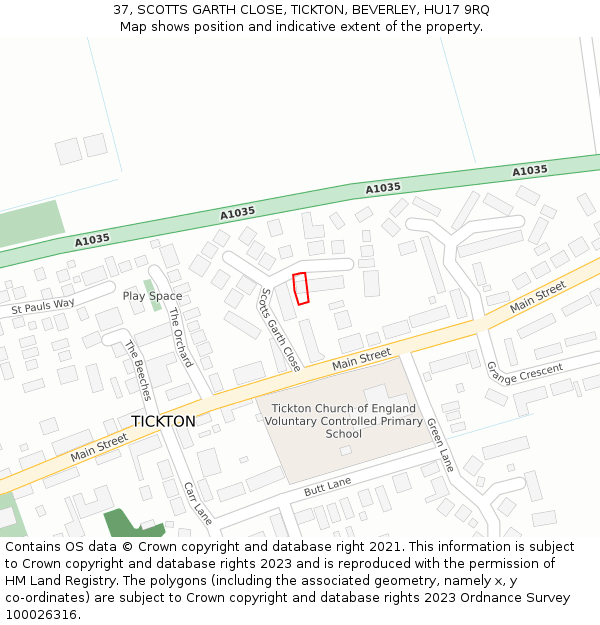 37, SCOTTS GARTH CLOSE, TICKTON, BEVERLEY, HU17 9RQ: Location map and indicative extent of plot