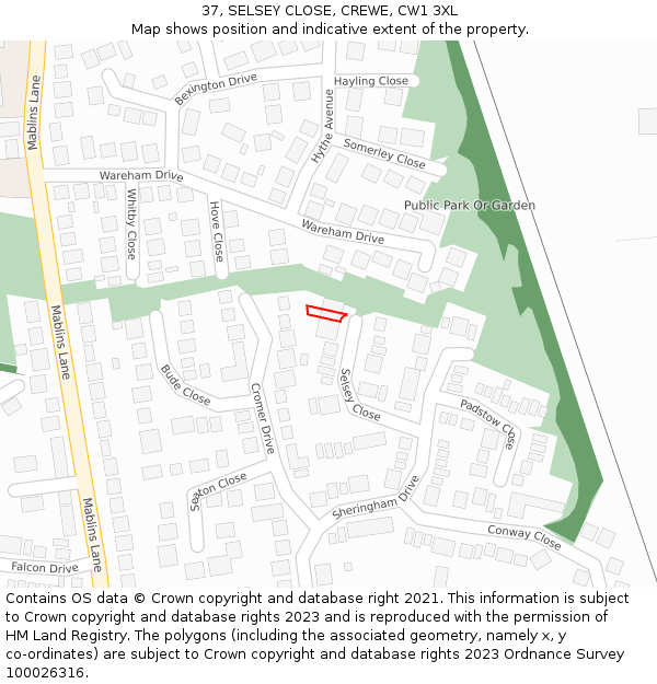 37, SELSEY CLOSE, CREWE, CW1 3XL: Location map and indicative extent of plot