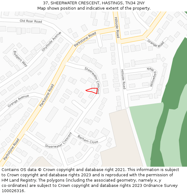 37, SHEERWATER CRESCENT, HASTINGS, TN34 2NY: Location map and indicative extent of plot