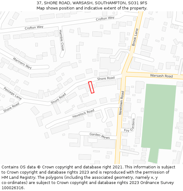 37, SHORE ROAD, WARSASH, SOUTHAMPTON, SO31 9FS: Location map and indicative extent of plot