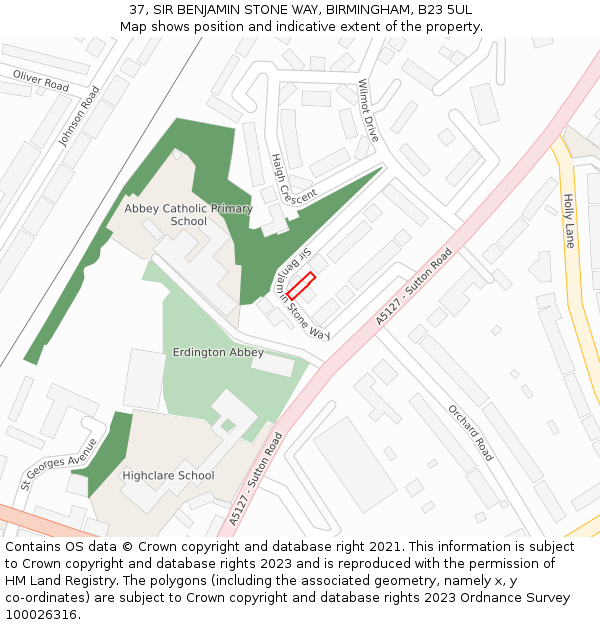 37, SIR BENJAMIN STONE WAY, BIRMINGHAM, B23 5UL: Location map and indicative extent of plot