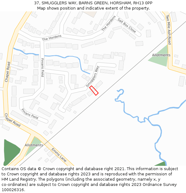 37, SMUGGLERS WAY, BARNS GREEN, HORSHAM, RH13 0PP: Location map and indicative extent of plot