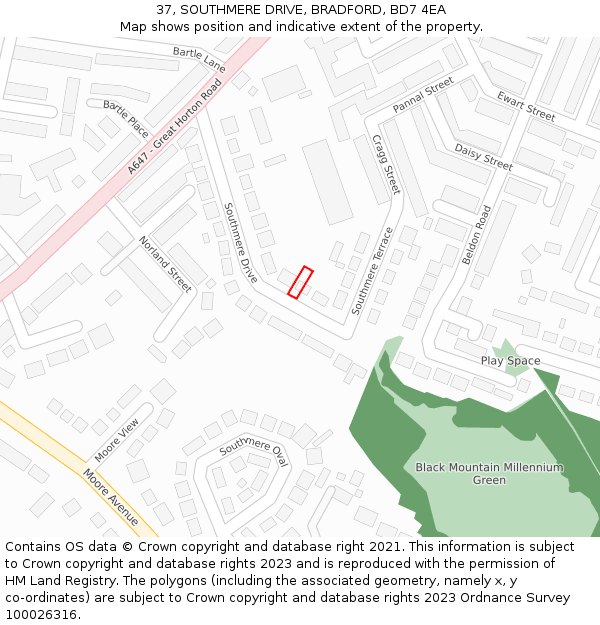 37, SOUTHMERE DRIVE, BRADFORD, BD7 4EA: Location map and indicative extent of plot