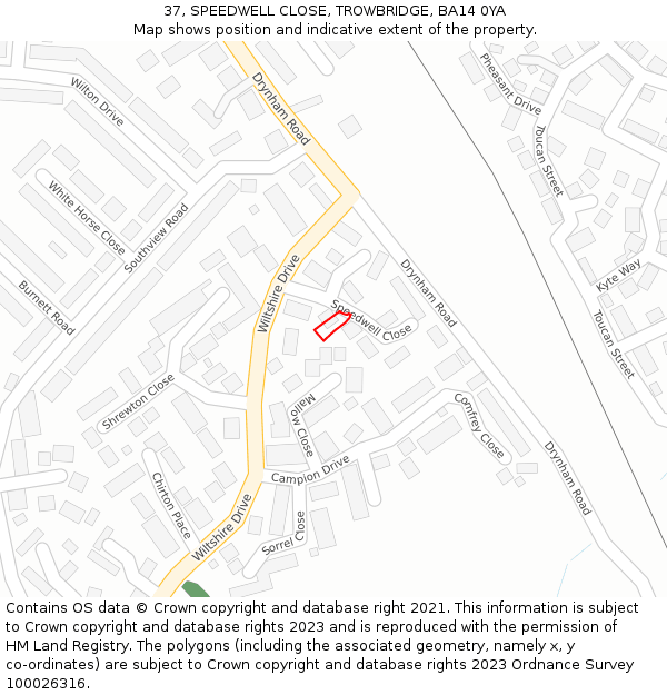 37, SPEEDWELL CLOSE, TROWBRIDGE, BA14 0YA: Location map and indicative extent of plot