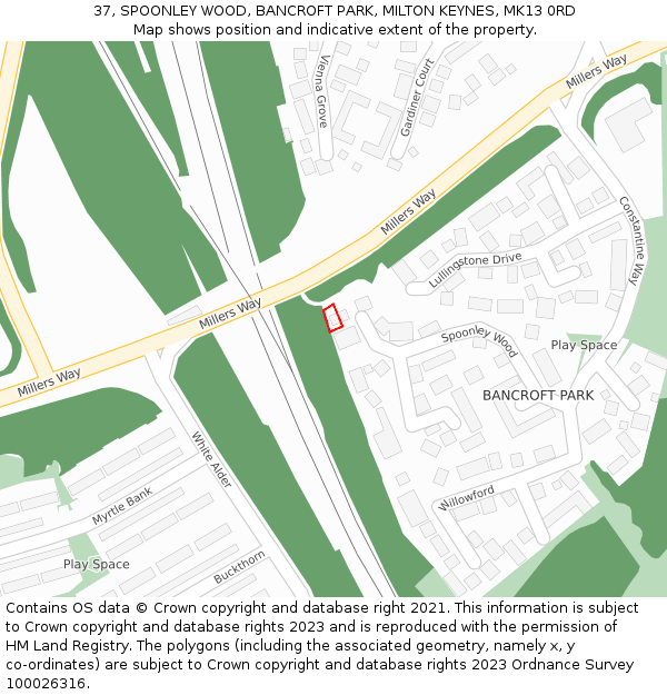 37, SPOONLEY WOOD, BANCROFT PARK, MILTON KEYNES, MK13 0RD: Location map and indicative extent of plot