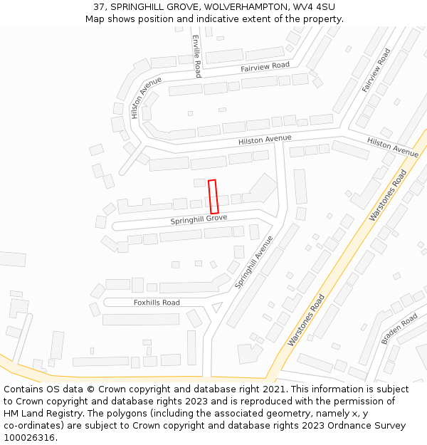 37, SPRINGHILL GROVE, WOLVERHAMPTON, WV4 4SU: Location map and indicative extent of plot