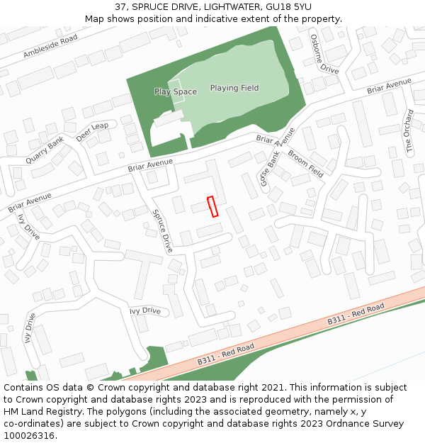 37, SPRUCE DRIVE, LIGHTWATER, GU18 5YU: Location map and indicative extent of plot