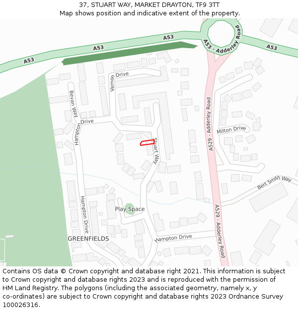 37, STUART WAY, MARKET DRAYTON, TF9 3TT: Location map and indicative extent of plot