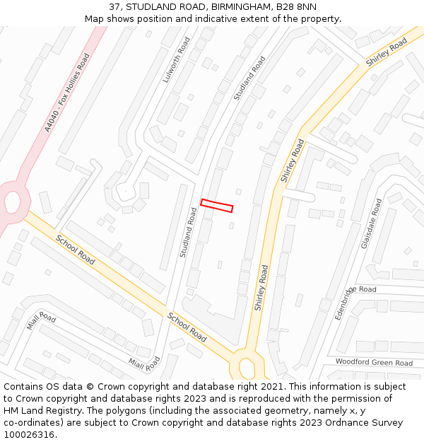 37, STUDLAND ROAD, BIRMINGHAM, B28 8NN: Location map and indicative extent of plot